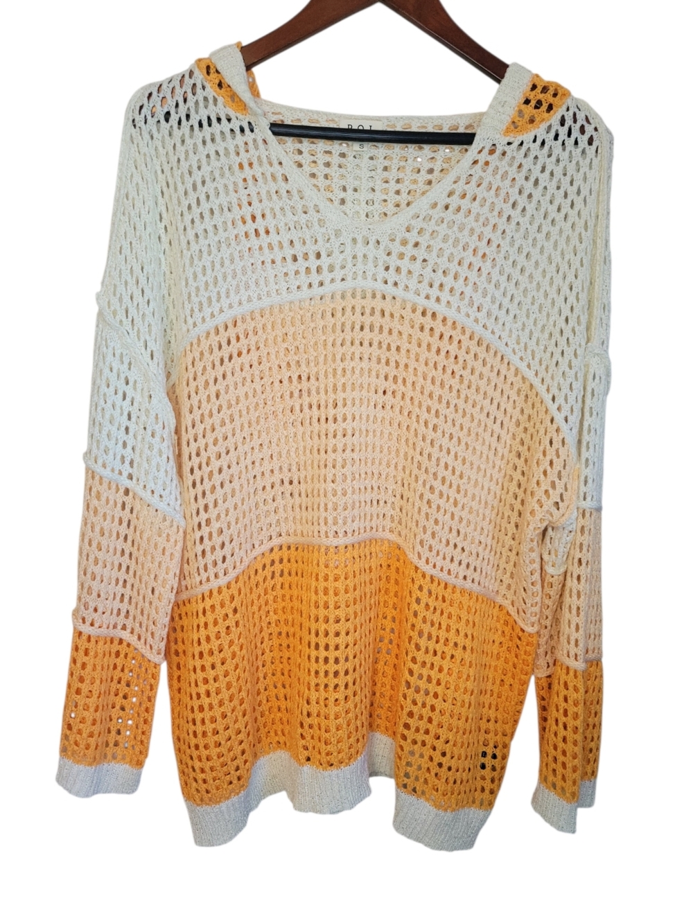 POL Oversized Open Knit Hooded Sweater Small Colorblock Boho Beach Cover Up Top - Picture 3 of 10